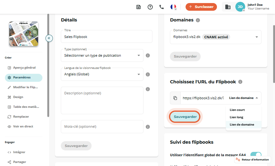 Page des paramètres de Sales Flipbook affichant le type de lien de domaine généré sélectionné et le 