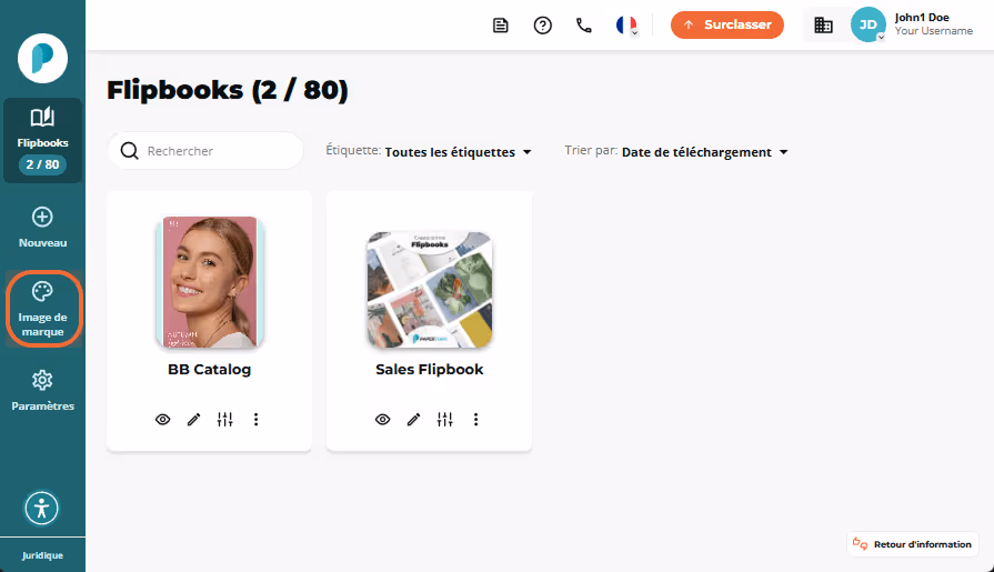 Tableau de bord Flipbooks avec deux cartes; le bouton “Branding” dans la barre latérale gauche est m Tableau de bord Flipbooks avec deux cartes; le bouton “Branding” dans la barre latérale gauche est m