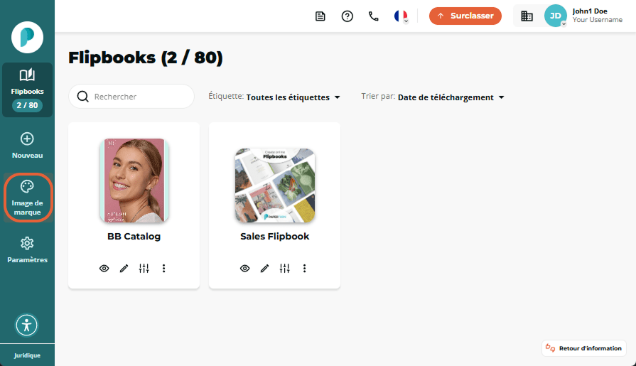 Tableau de bord Flipbooks avec deux cartes; le bouton “Branding” dans la barre latérale gauche est m