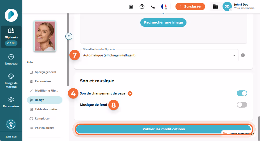 Section “Son et musique” où le son de page est marqué 4, musique de fond marquée 8, et bouton “Publi Section “Son et musique” où le son de page est marqué 4, musique de fond marquée 8, et bouton “Publi