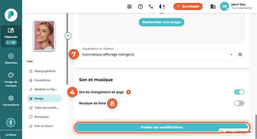 Section “Son et musique” où le son de page est marqué 4, musique de fond marquée 8, et bouton “Publi
