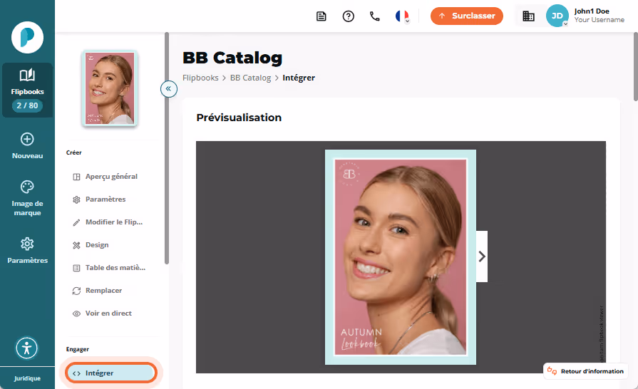Dans l'onglet d'intégration, prévisualisez l'apparence du flipbook une fois intégré. Dans l'onglet d'intégration, prévisualisez l'apparence du flipbook une fois intégré.