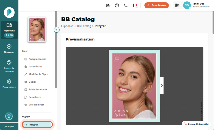 Dans l'onglet d'intégration, prévisualisez l'apparence du flipbook une fois intégré.