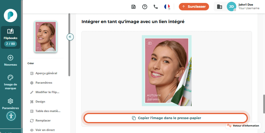 Copiez l’image du flipbook avec le lien intégré à l’aide du bouton 