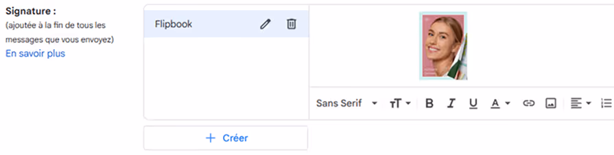 Éditeur de signature Gmail affichant l’image de couverture du flipbook insérée dans la signature. Éditeur de signature Gmail affichant l’image de couverture du flipbook insérée dans la signature.