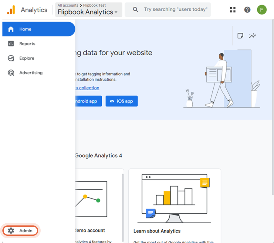 Page d'accueil de Google Analytics affichant le compte Flipbook Analytics et une barre latérale avec
