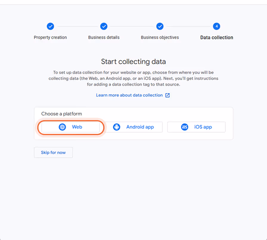 Configuration de la collecte de données dans Google Analytics avec l'option Web mise en évidence. Configuration de la collecte de données dans Google Analytics avec l'option Web mise en évidence.
