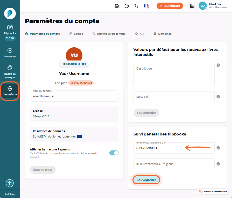 Page des paramètres de compte Paperturn montrant où saisir l’ID de mesure GA4. Page des paramètres de compte Paperturn montrant où saisir l’ID de mesure GA4.