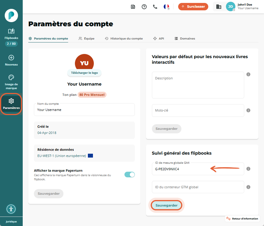 Page des paramètres de compte Paperturn montrant où saisir l’ID de mesure GA4.
