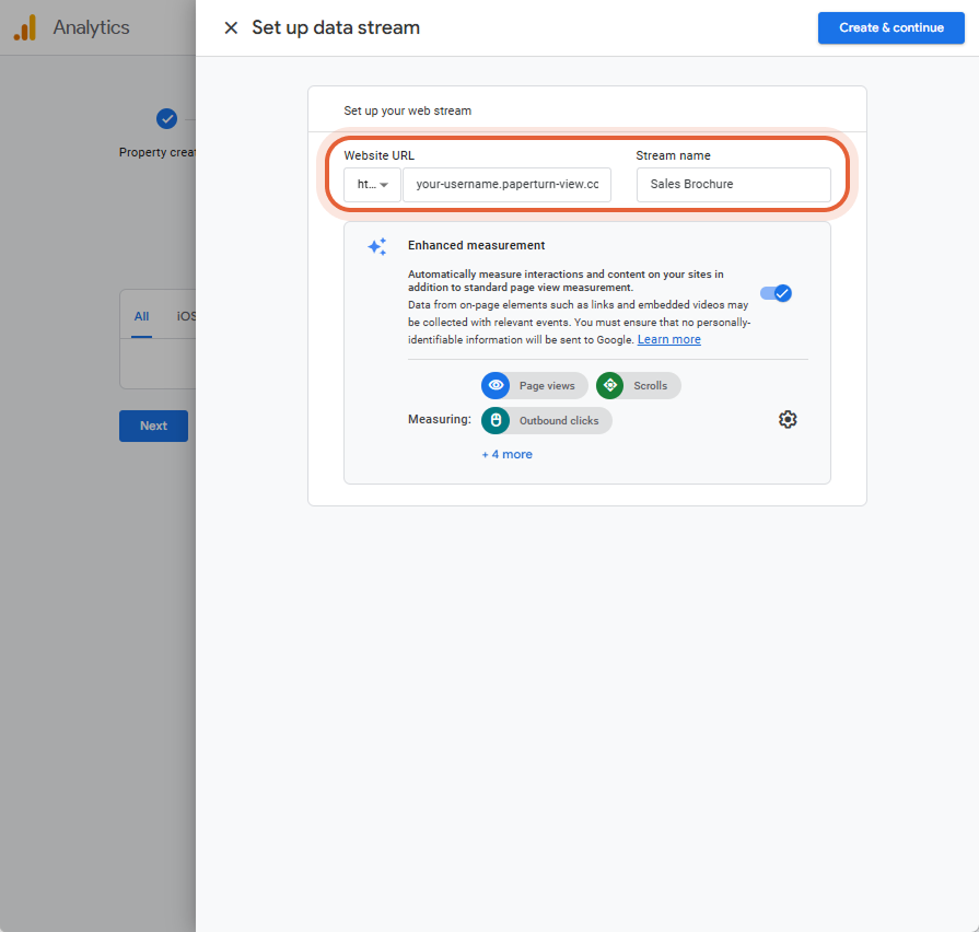 Configuration du flux de données en entrant l’URL du site Web et en nommant le flux « Sales Brochure