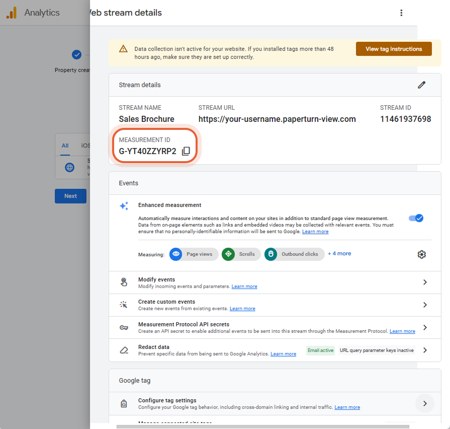 Écran de détails du flux Web dans GA4 affichant l’ID de mesure « G-YT40ZZYRP2 ».