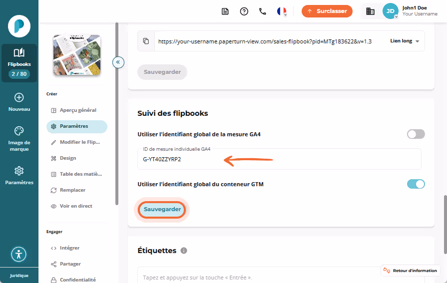 Paramètres de suivi du flipbook affichant le champ d’ID de mesure GA4 rempli et le bouton « Enregist Paramètres de suivi du flipbook affichant le champ d’ID de mesure GA4 rempli et le bouton « Enregist