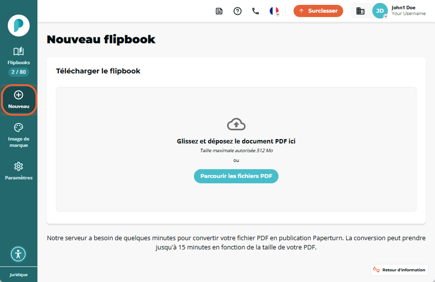 Tableau de bord Paperturn affichant la vue Nouveau flipbook, avec le bouton ＋ Nouveau de la barre la