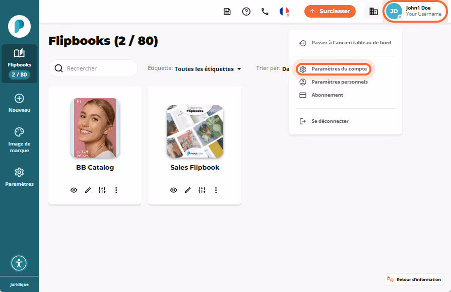 La page des flipbooks est affichée avec le menu de profil ouvert, l’option Paramètres du compte dans La page des flipbooks est affichée avec le menu de profil ouvert, l’option Paramètres du compte dans