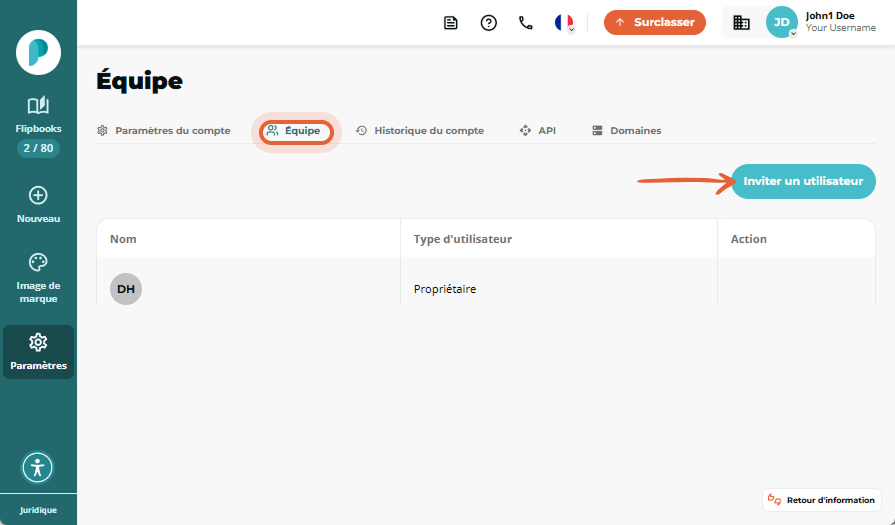 Capture d’écran de la plateforme illustrant la navigation vers la fonctionnalité Équipe afin d’ajout