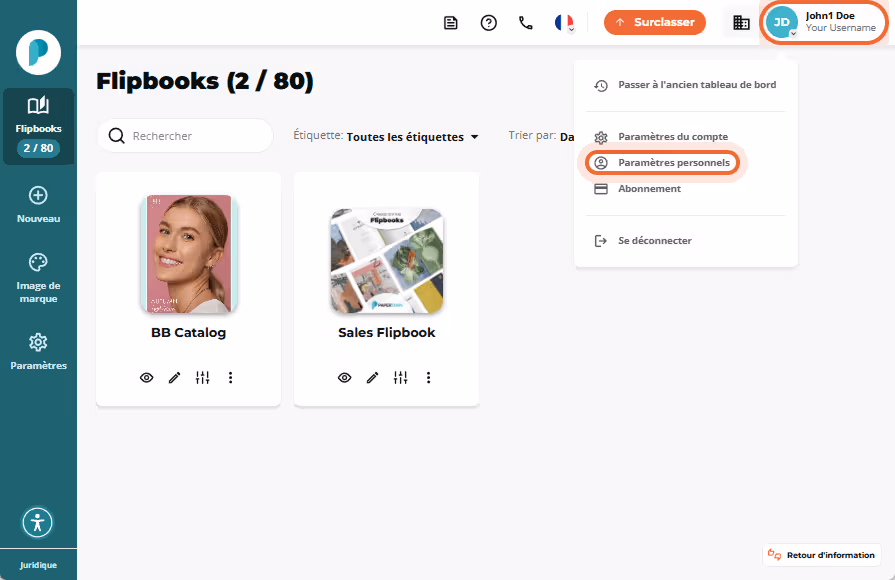 Aperçu des flipbooks avec le menu de profil ouvert, l’option Paramètres personnels dans la liste dér Aperçu des flipbooks avec le menu de profil ouvert, l’option Paramètres personnels dans la liste dér