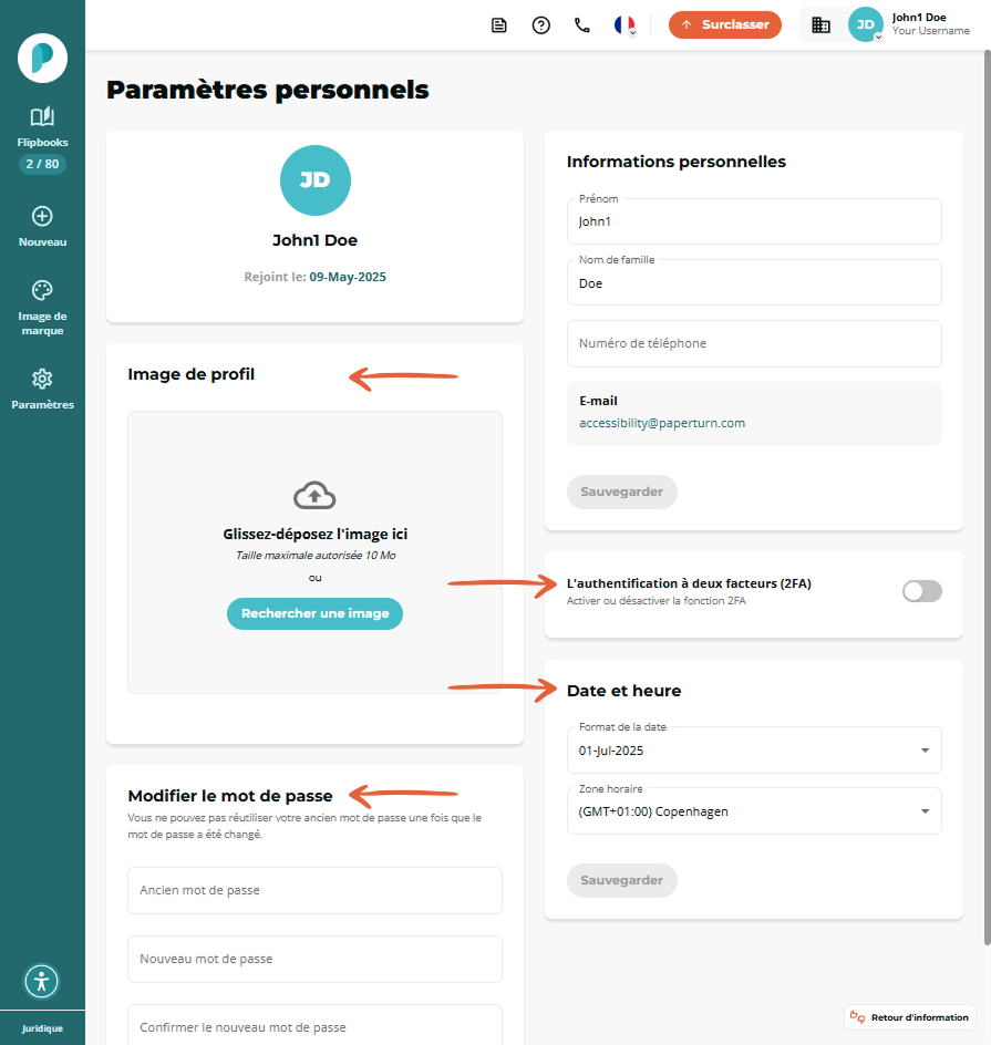 Page des paramètres personnels montrant l’avatar, la zone de téléversement d’image, les champs de co
