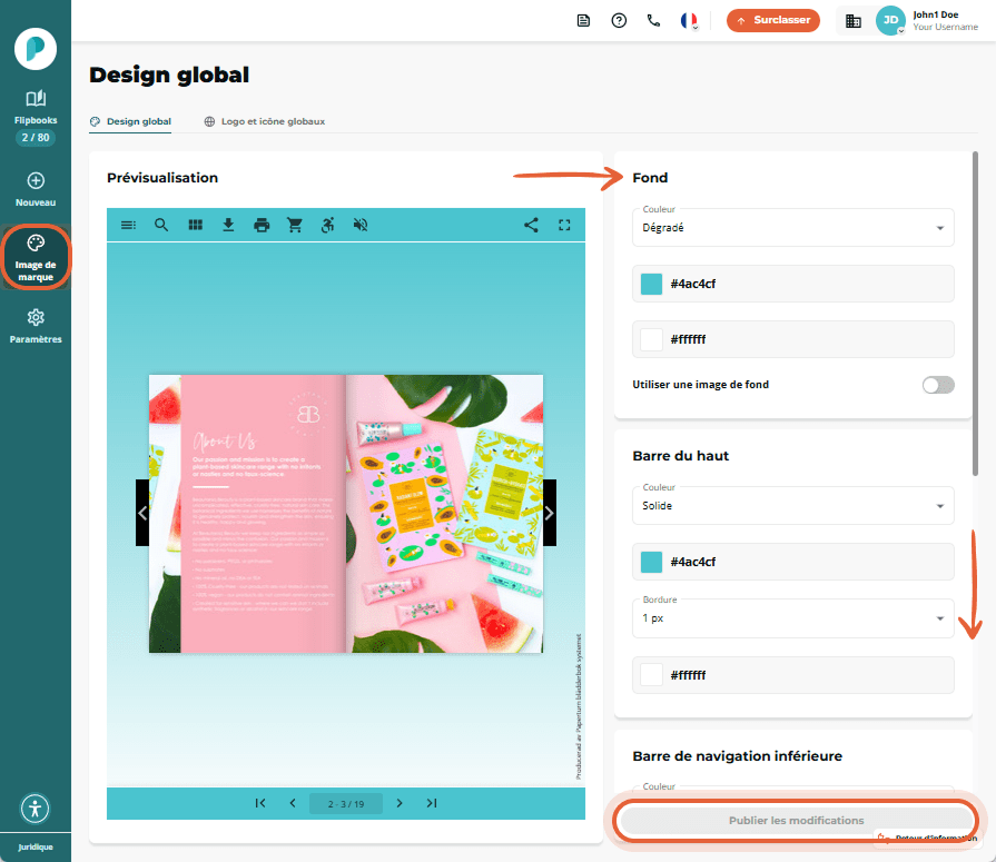 Vue de conception globale du branding avec aperçu à gauche, contrôles de couleur d’arrière plan à dr
