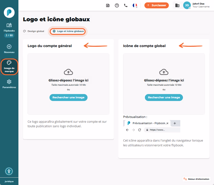 Page Logo et icône globales du branding avec deux zones de téléversement pour le logo du compte et l Page Logo et icône globales du branding avec deux zones de téléversement pour le logo du compte et l