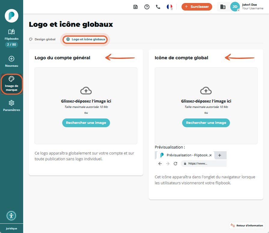Page Logo et icône globales du branding avec deux zones de téléversement pour le logo du compte et l