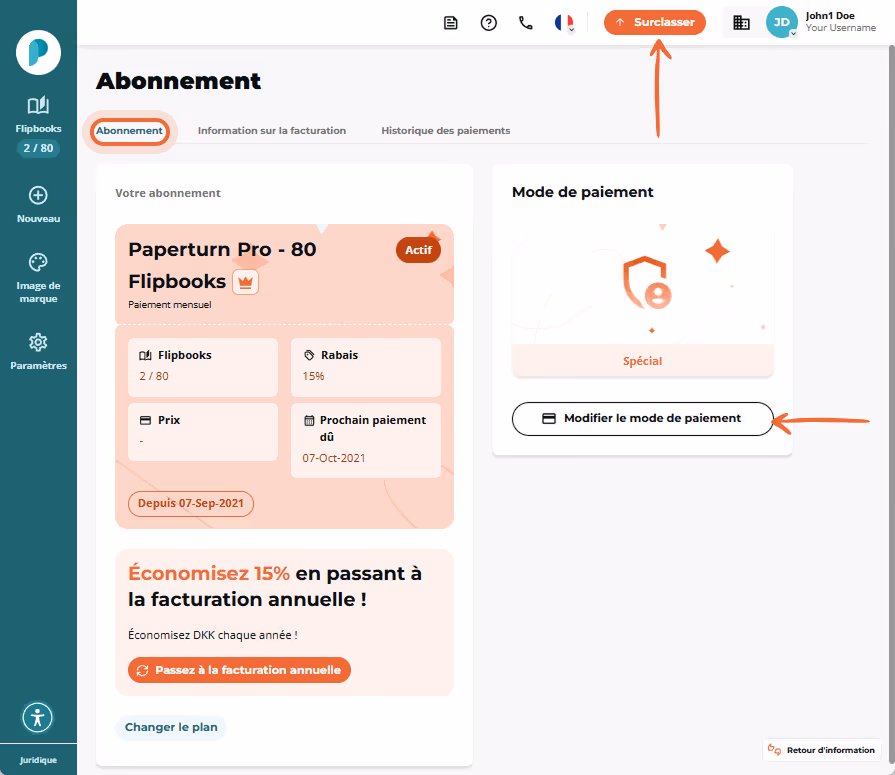 Page Abonnement affichant la carte du forfait, le panneau Méthode de paiement avec le bouton Mettre Page Abonnement affichant la carte du forfait, le panneau Méthode de paiement avec le bouton Mettre