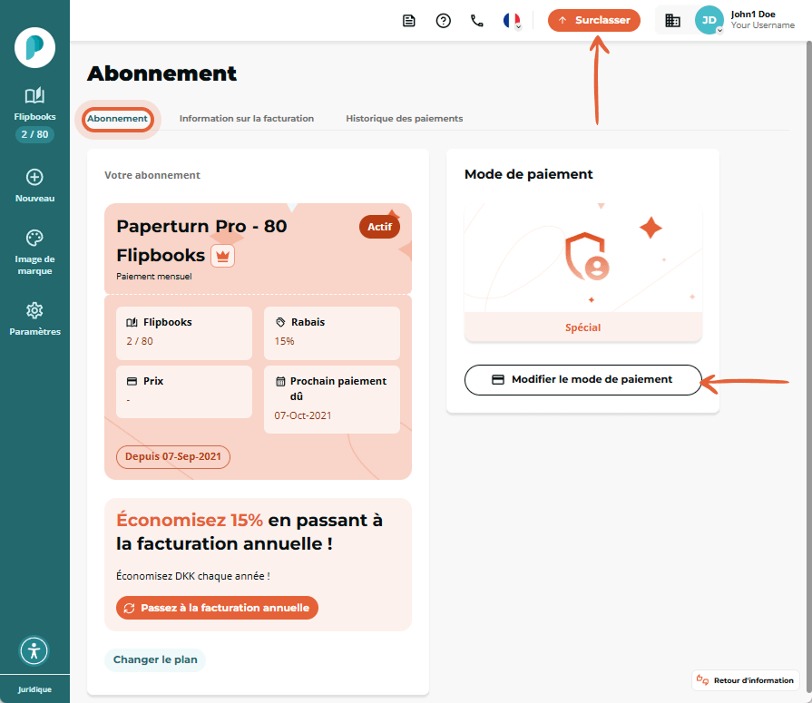 Page Abonnement affichant la carte du forfait, le panneau Méthode de paiement avec le bouton Mettre 