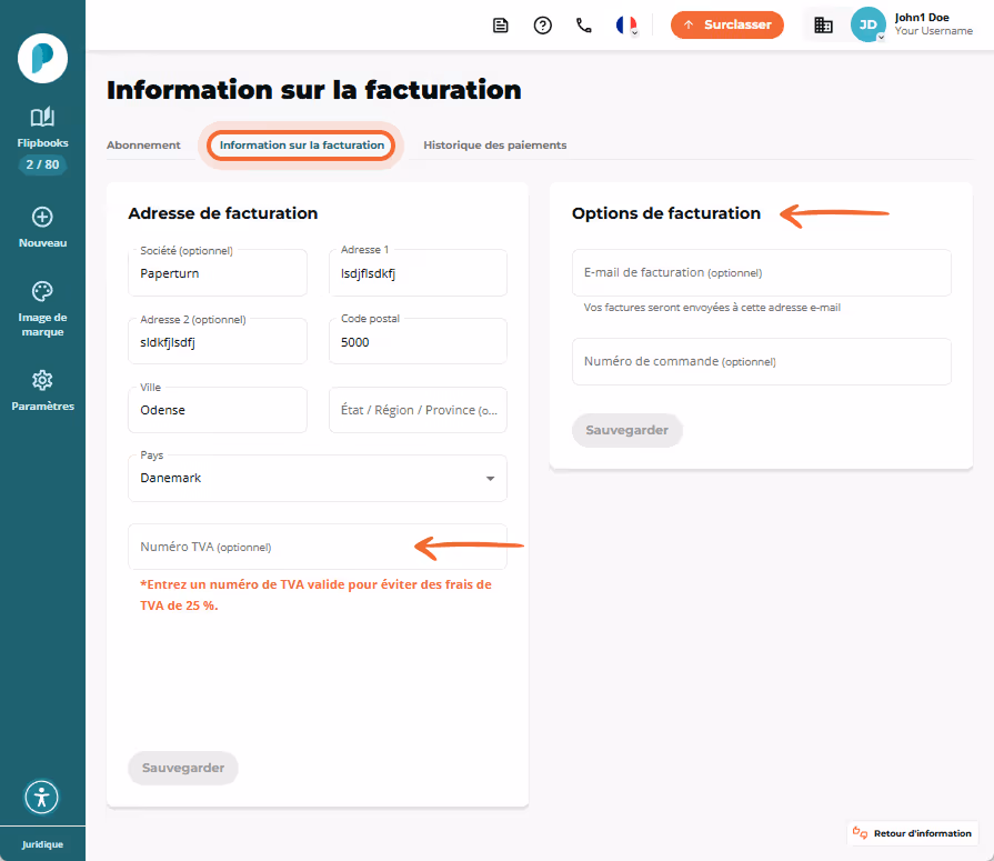 Onglet Informations de facturation sélectionné ; les champs Adresse et TVA à gauche et les options d Onglet Informations de facturation sélectionné ; les champs Adresse et TVA à gauche et les options d