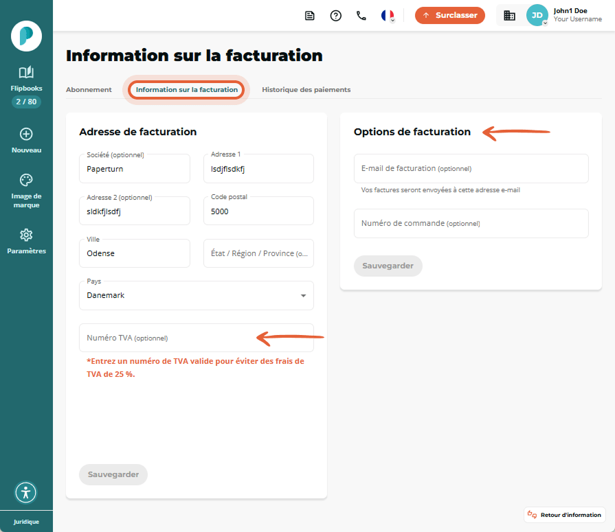 Onglet Informations de facturation sélectionné ; les champs Adresse et TVA à gauche et les options d