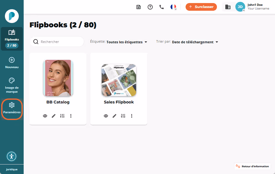 Tableau de bord Flipbooks avec l’onglet Paramètres mis en évidence dans le menu de gauche.