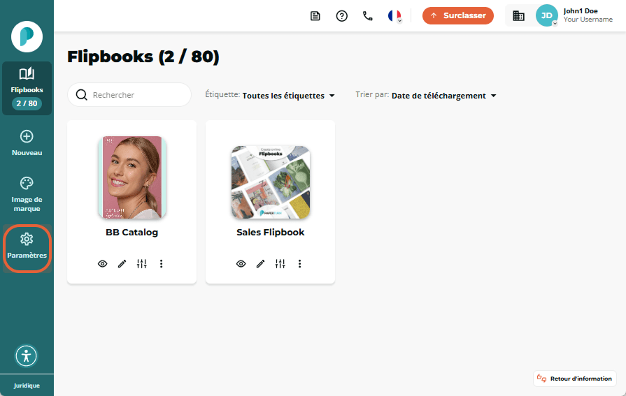 Tableau de bord Flipbooks avec l’onglet Paramètres mis en évidence dans le menu de gauche.