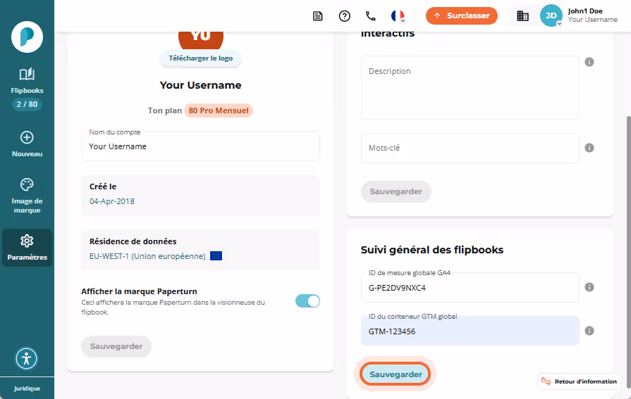 Page des paramètres affichant le nom du compte, l’emplacement des données et les options de suivi gl