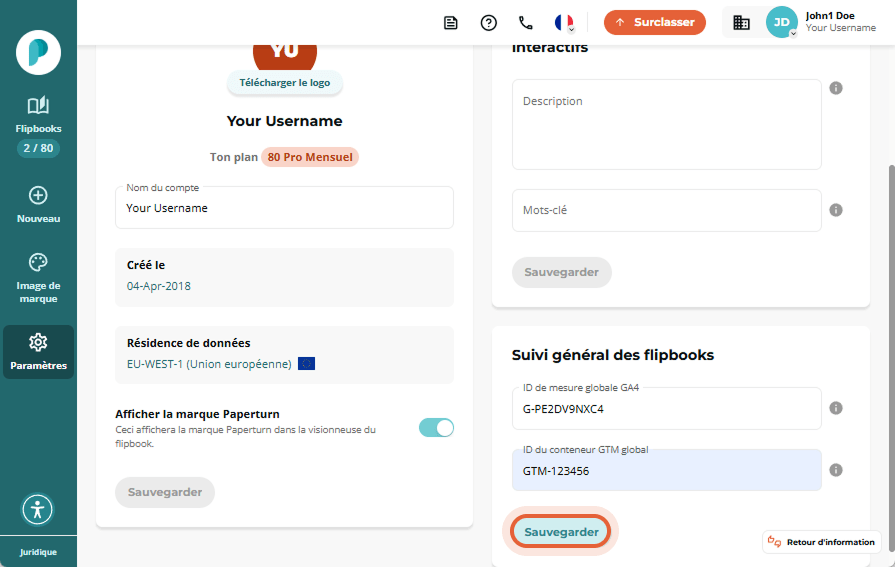 Page des paramètres affichant le nom du compte, l’emplacement des données et les options de suivi gl