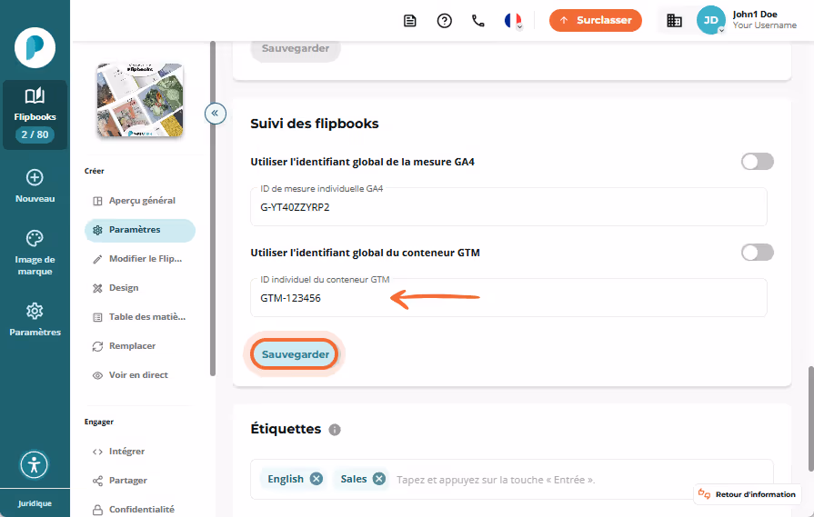 Page des paramètres de Paperturn affichant la section de suivi du flipbook avec des commutateurs et 
