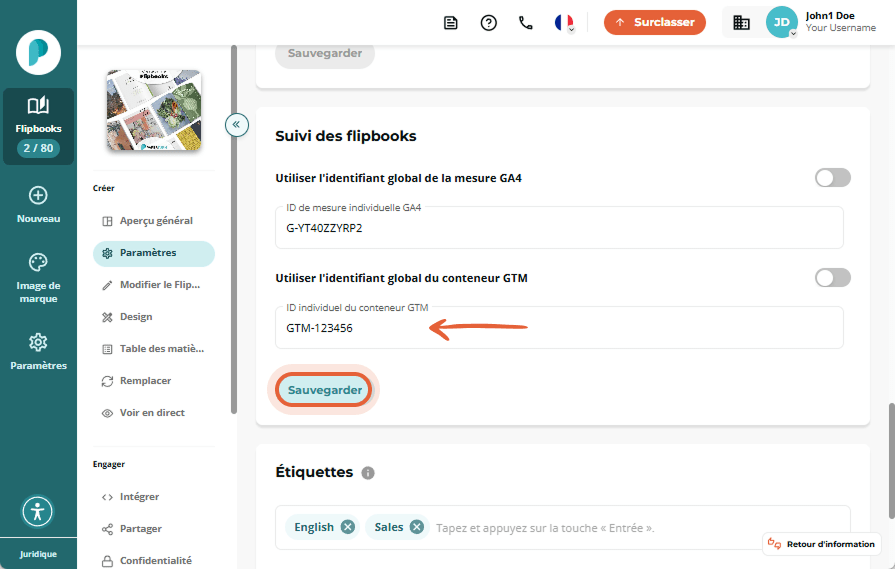 Page des paramètres de Paperturn affichant la section de suivi du flipbook avec des commutateurs et 