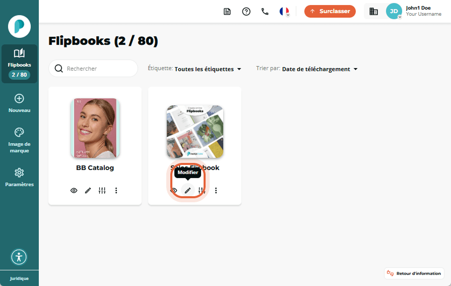 Icone de modification surlignée sous la couverture du flipbook intitulé « Sales Flipbook » dans la v