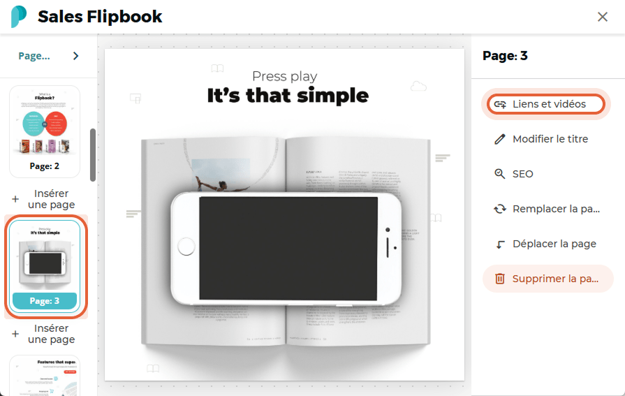 Page 3 du flipbook sélectionnée avec le bouton « Liens et vidéos » mis en évidence dans le menu des 