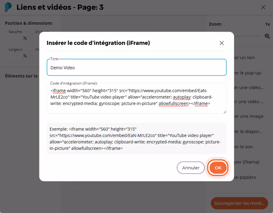 Un code d’intégration et un titre pour une vidéo YouTube intitulée « Demo Video » sont saisis dans l Un code d’intégration et un titre pour une vidéo YouTube intitulée « Demo Video » sont saisis dans l