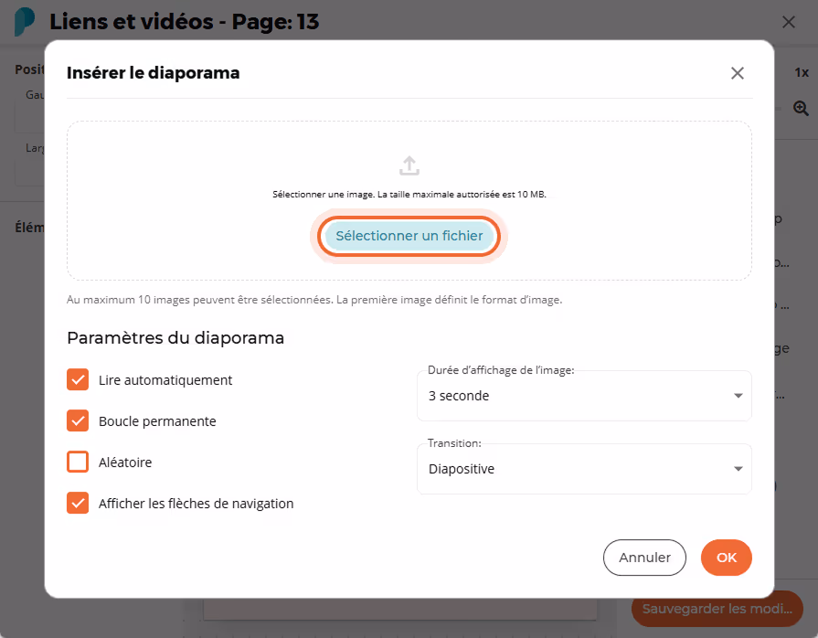 Un fichier est sélectionné pour télécharger des images pour le diaporama, et les paramètres sont aff