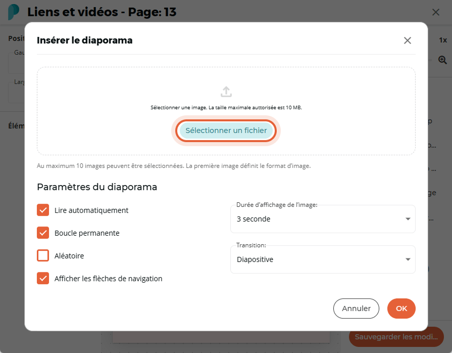 Un fichier est sélectionné pour télécharger des images pour le diaporama, et les paramètres sont aff