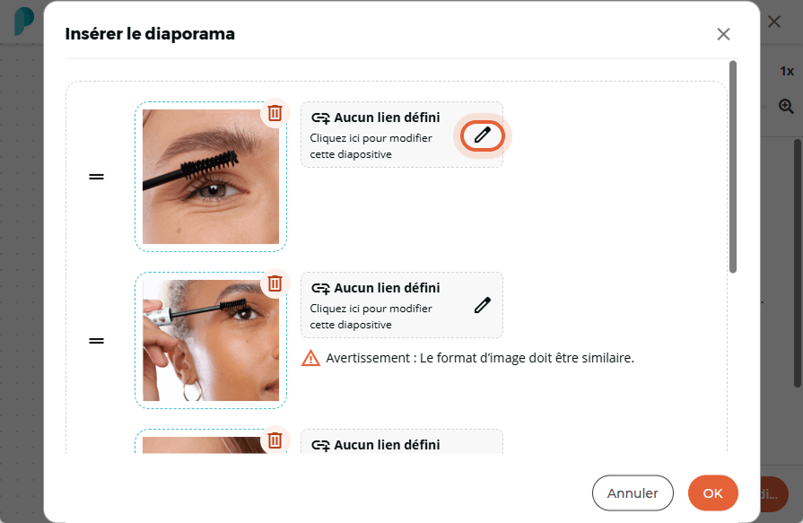 Un aperçu du diaporama avec plusieurs diapositives apparaît ; une icône de modification est mise en 