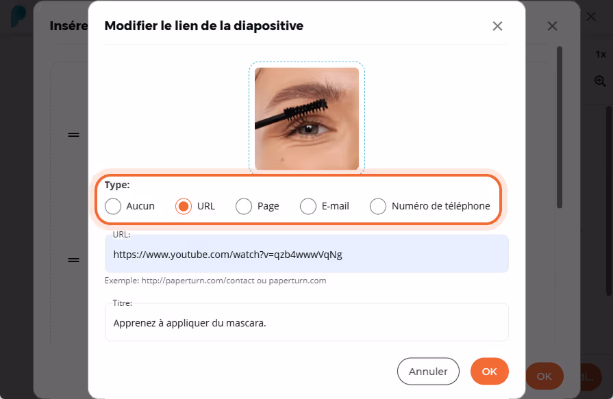 La fenêtre “Modifier le lien de la diapositive” affiche une URL de vidéo et le titre “Apprenez à app