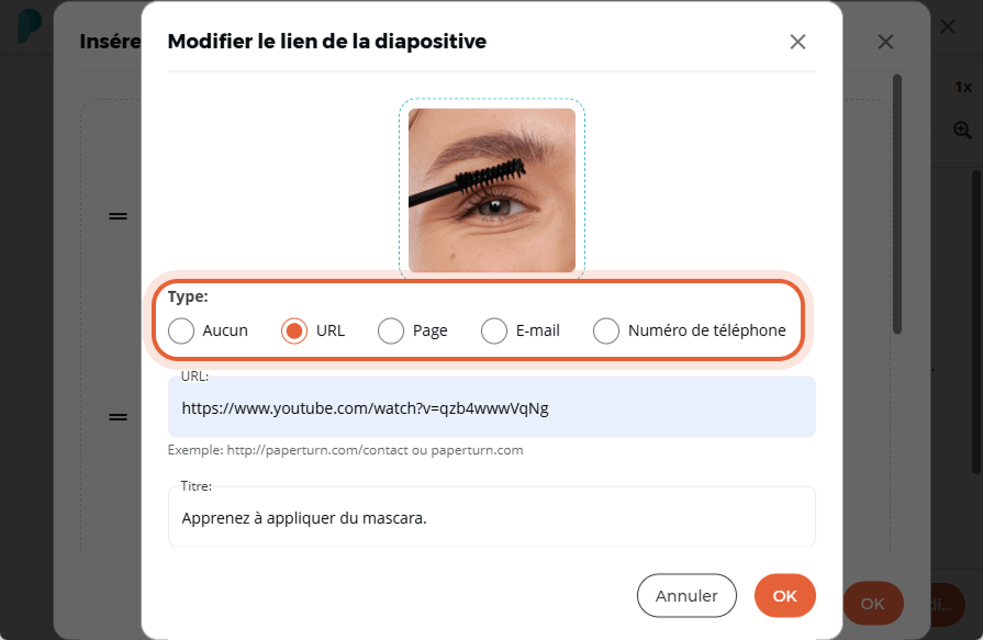 La fenêtre “Modifier le lien de la diapositive” affiche une URL de vidéo et le titre “Apprenez à app