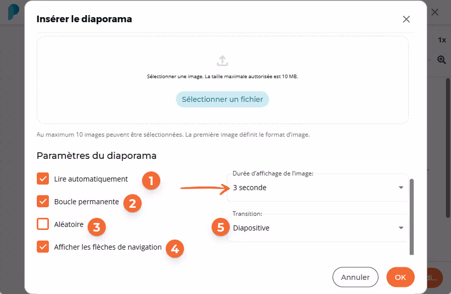 Les paramètres du diaporama montrent que la lecture automatique et la boucle sont activées, avec un 