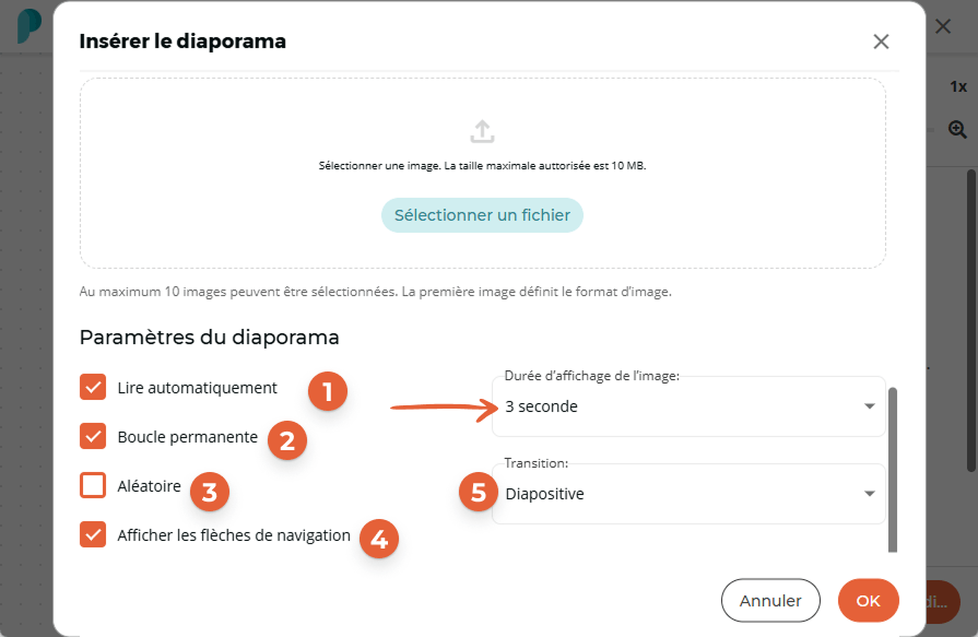 Les paramètres du diaporama montrent que la lecture automatique et la boucle sont activées, avec un 