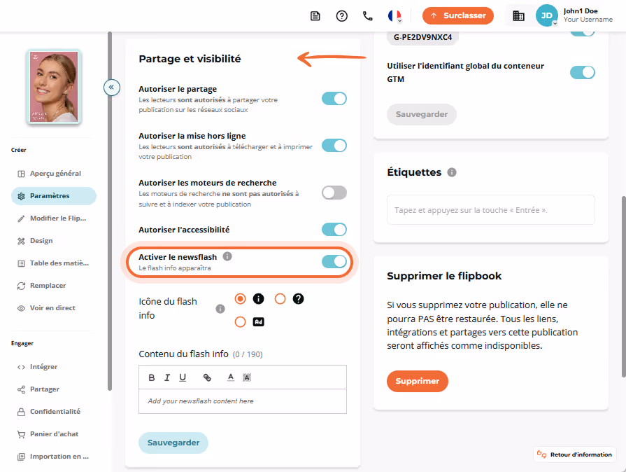 Dans la section Partage et visibilité, l'utilisateur active le bouton Newsflash. Dans la section Partage et visibilité, l'utilisateur active le bouton Newsflash.