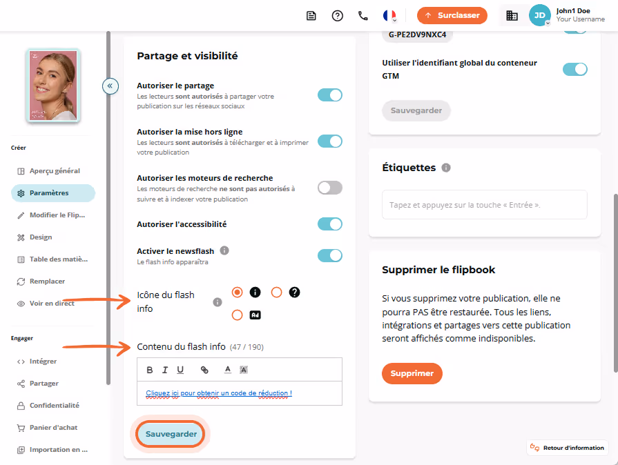 L'utilisateur définit une icône de Newsflash, saisit un message de réduction, puis clique sur « Enre L'utilisateur définit une icône de Newsflash, saisit un message de réduction, puis clique sur « Enre
