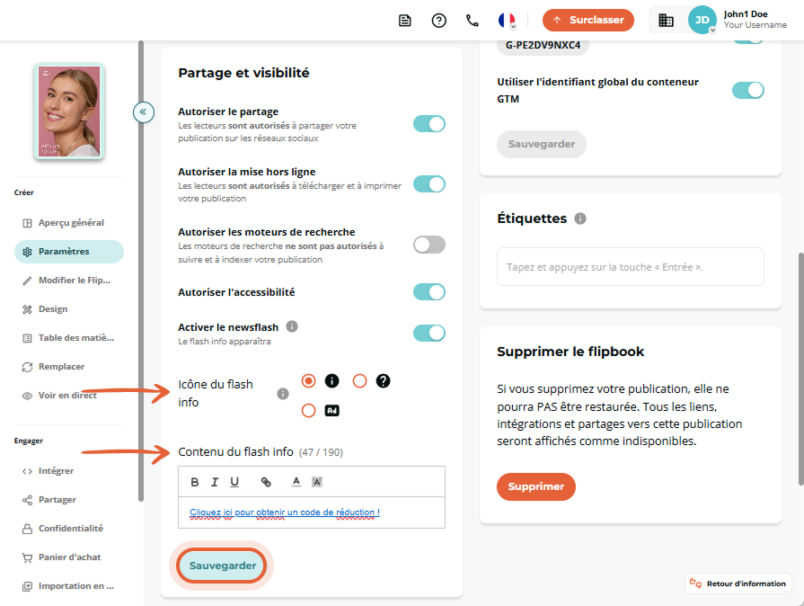 L'utilisateur définit une icône de Newsflash, saisit un message de réduction, puis clique sur « Enre