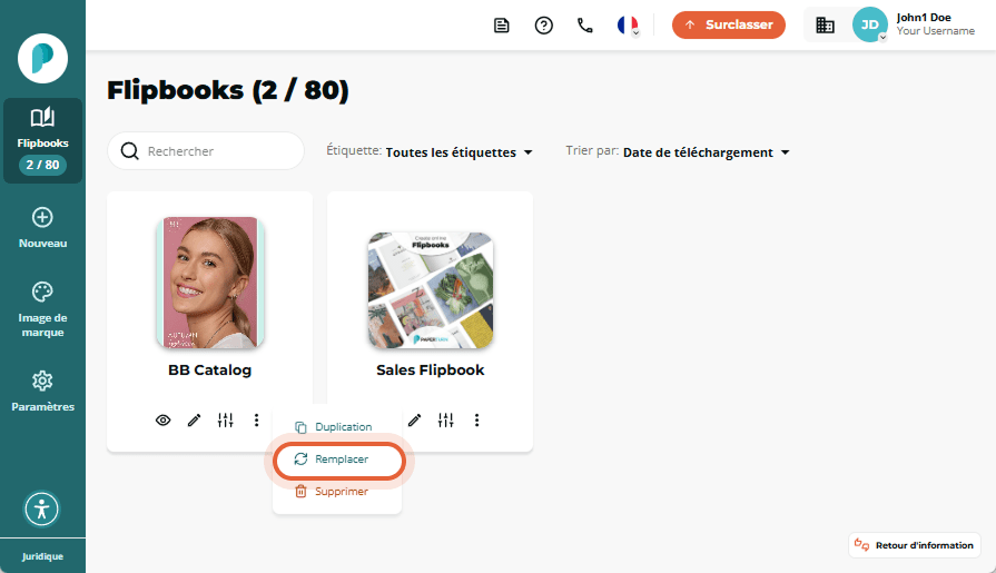Interface d'écrasement de flipbook affichant une zone de dépôt glisser-déposer et un bouton 