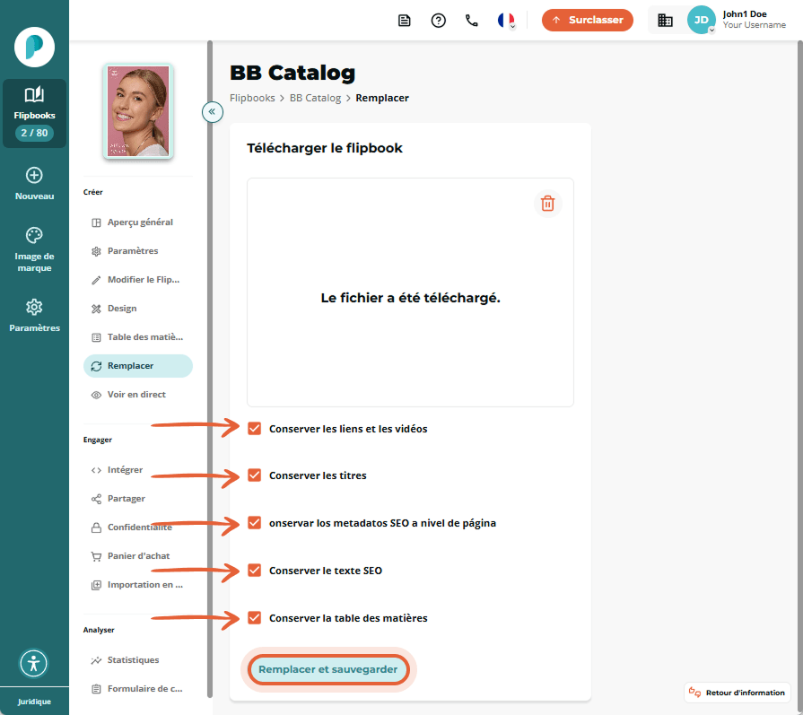 Flipbook téléchargé avec options d’écrasement sélectionnées : conserver les liens, titres, SEO et ta