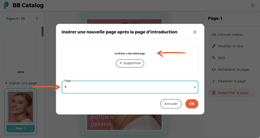 Écran de confirmation après le téléchargement d’une nouvelle page, et l’utilisateur définit l’emplac